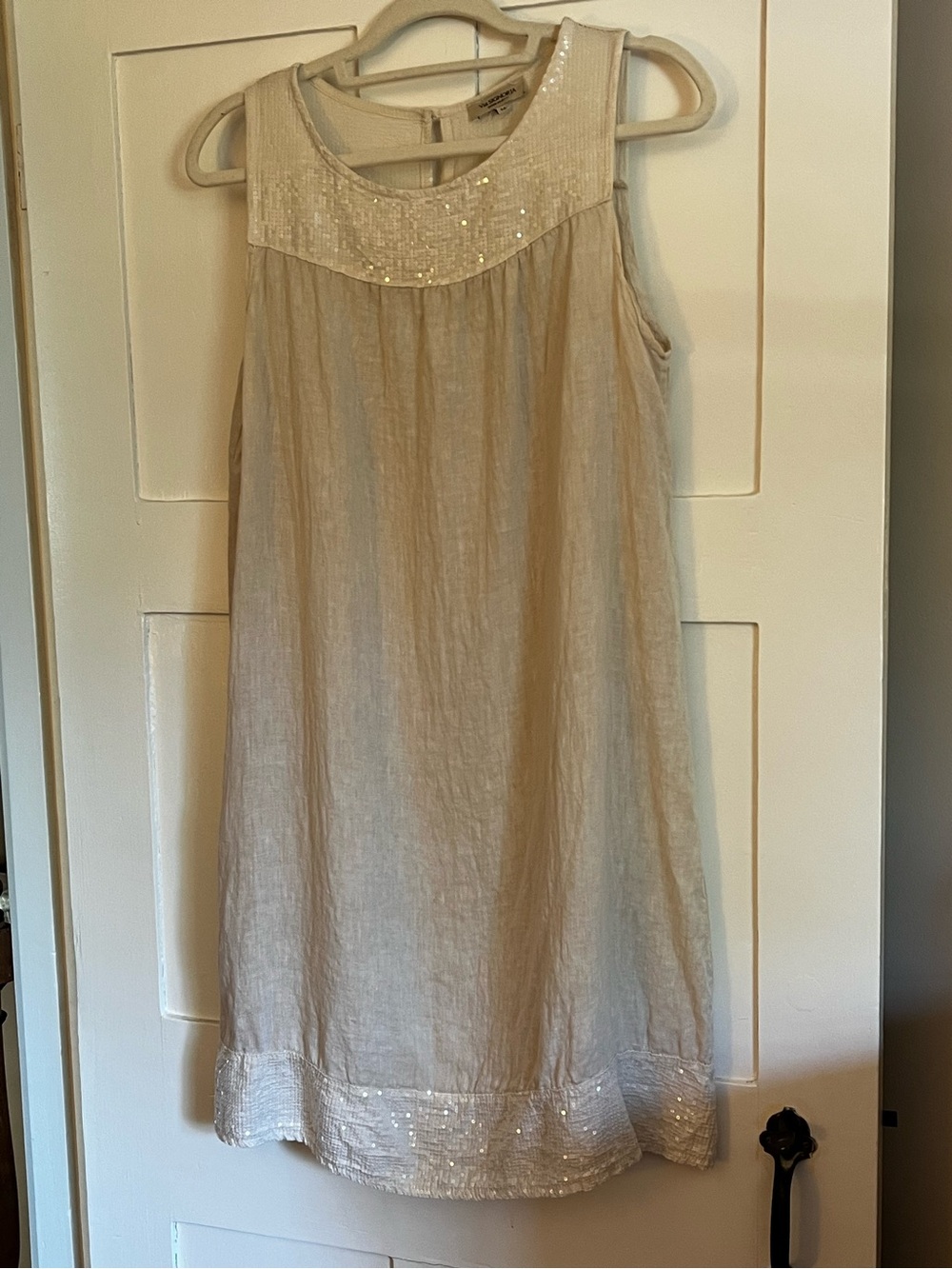Sleeveless Ivory Sequin Yoke Linen Shift Dress
